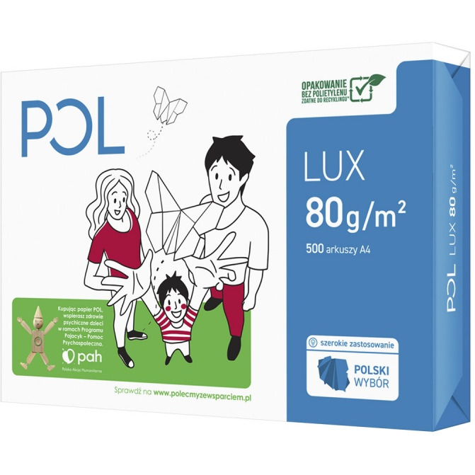 Papier ksero POL LUX, A4, klasa B, 161CIE, 80gsm, 500ark., IP-POLLUX